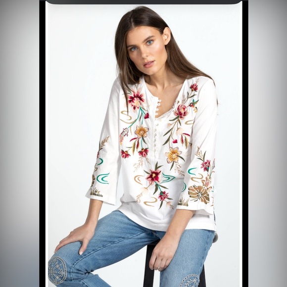 Johnny Was Maisie 3/4 Sleeve Button Front Top In White Size L - Picture 1 of 6